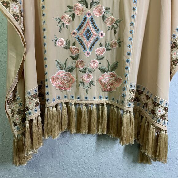CHICO'S Poncho Fully Embroidered‎ Front Scoop Neck w/Tassel Ties Fringe Hem - Picture 5 of 12